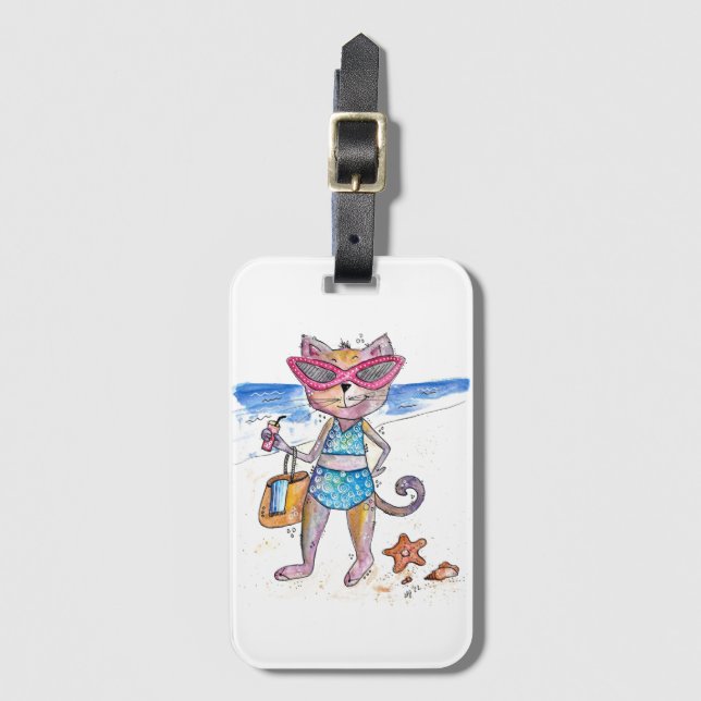 Cute Whimsical Cat på Beach Bagagebricka (Framsida vertikal)