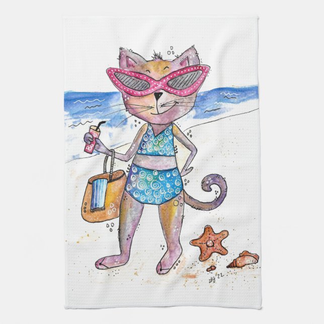 Cute Whimsical Cat på Beach Kökshandduk (Vertikal)
