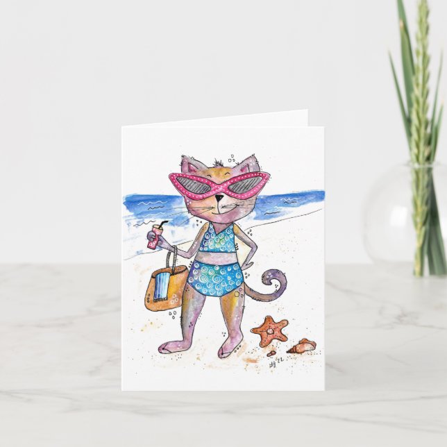 Cute Whimsical Cat på Beach Kort (Framsida)