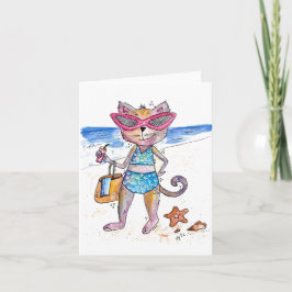 Cute Whimsical Cat på Beach Kort