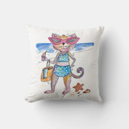 Cute Whimsical Cat på Beach Kudde