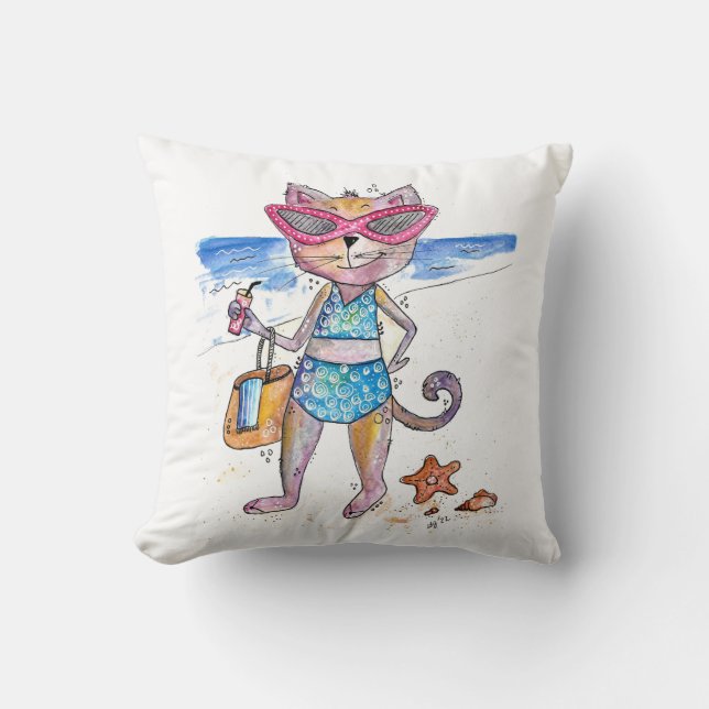 Cute Whimsical Cat på Beach Kudde (Framsida)
