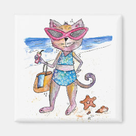 Cute Whimsical Cat på Beach Magnet