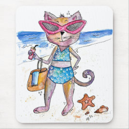 Cute Whimsical Cat på Beach Musmatta