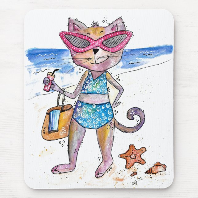 Cute Whimsical Cat på Beach Musmatta (Framsidan)