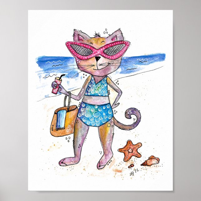 Cute Whimsical Cat på Beach Poster (Framsidan)