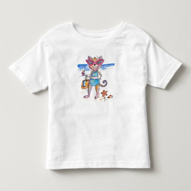 Cute Whimsical Cat på Beach T Shirt (Framsida)