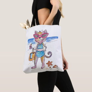 Cute Whimsical Cat på Beach Tygkasse