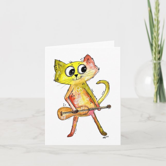 Cute Whimsical Cat som spelar gitar Kort (Framsida)