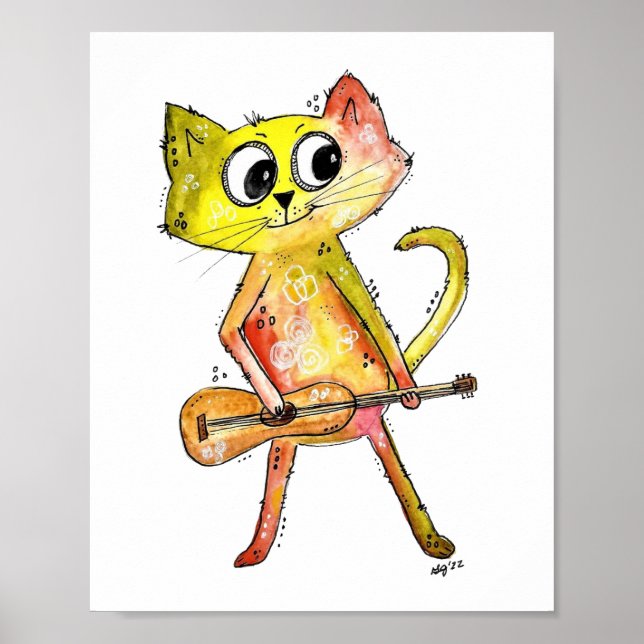 Cute Whimsical Cat som spelar gitar Poster (Framsidan)