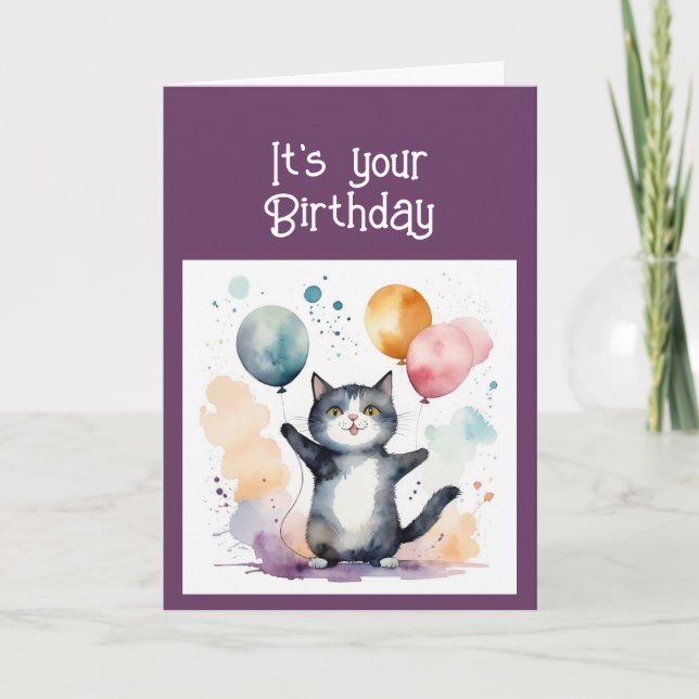 Cute Whimsical Cat Spelande ballonger Birthday Rol Helgkort (Framsida)