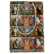 Cute Whimsical Cats and Folk Art Flowers