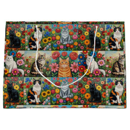 Cute Whimsical Cats and Folk Art Flowers