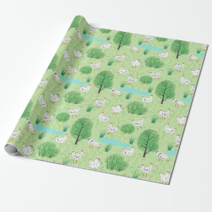 Cute Whimsical Chicken Meadow Grönt Fält Hens Presentpapper