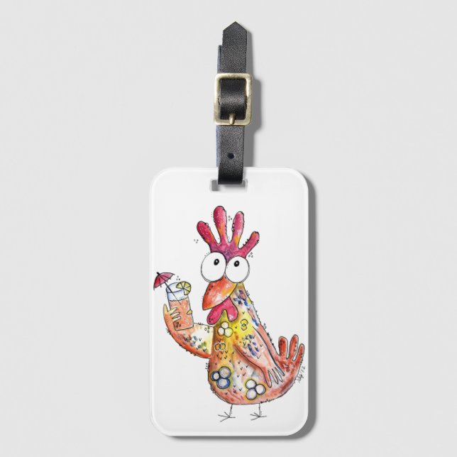 Cute Whimsical Chicken with Tropical Drink Bagagebricka (Framsida vertikal)