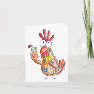 Cute Whimsical Chicken with Tropical Drink Kort