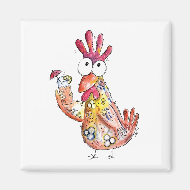 Cute Whimsical Chicken with Tropical Drink Magnet (Framsidan)