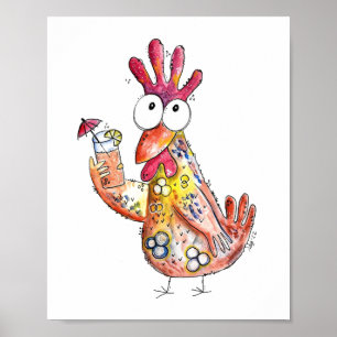 Cute Whimsical Chicken with Tropical Drink Poster