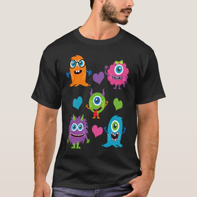 Cute Whimsical Colorful Little Monsters With Heart T Shirt (Framsida)
