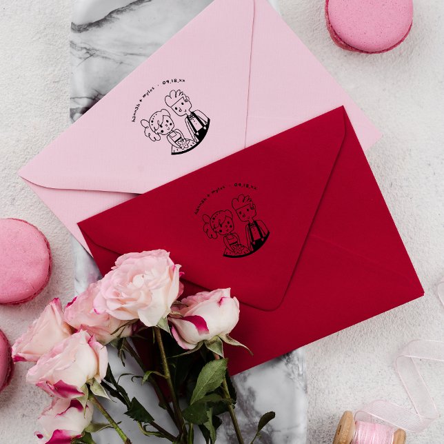 Cute Whimsical Couple Doodle | Monogram Bröllop Stämpel (Skapare uppladdad)