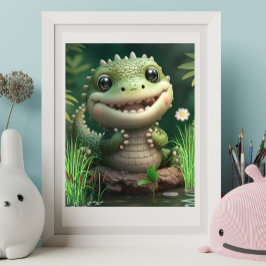 Cute Whimsical Crokodile leende nära Pond Art Poster