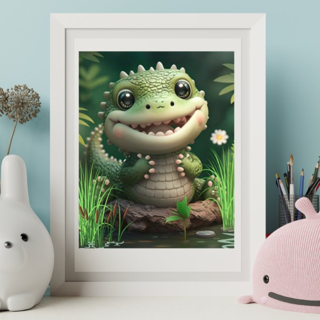 Cute Whimsical Crokodile leende nära Pond Art Poster (Skapare uppladdad)