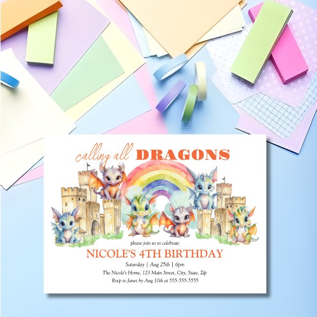Cute Whimsical Dragons Castle Rainbow Birthday Inbjudningar (Skapare uppladdad)