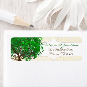 Cute Whimsical Emerald Grönt Heart Leaered Träd Returadress Etikett