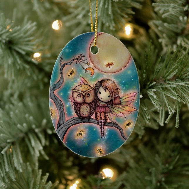 Cute Whimsical Fairy med Uggla och Fireflies Julgransprydnad Keramik (Träd)