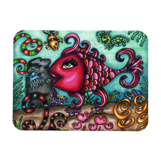 Cute Whimsical Fish Sjöliv Original Art Magnet (Horisontell)