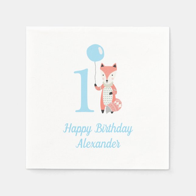 Cute Whimsical Fox & Balloon Blue 1:a födelsedag Pappersservett (Framsidan)