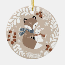 Cute Whimsical Fox och Rabbit Julgransprydnad Keramik