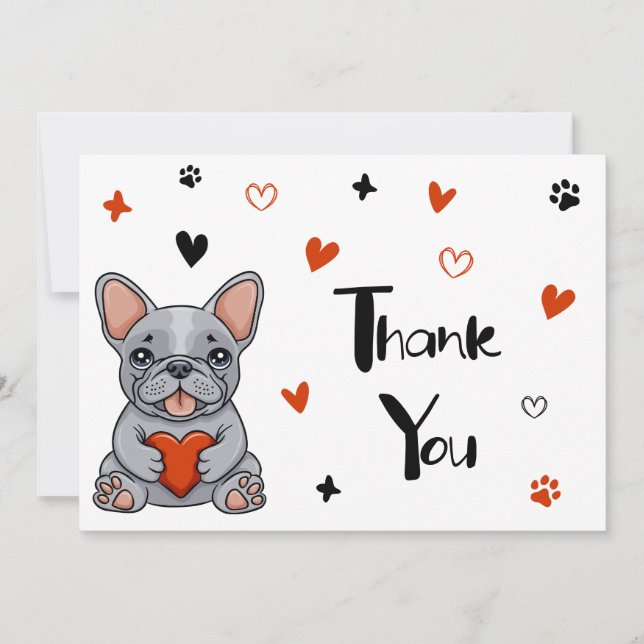 Cute Whimsical Fransk Bulldog Bröllop Tack Kort (Framsida)