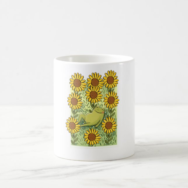 Cute Whimsical Frog And Sunflowers Illustration Kaffemugg (Center)