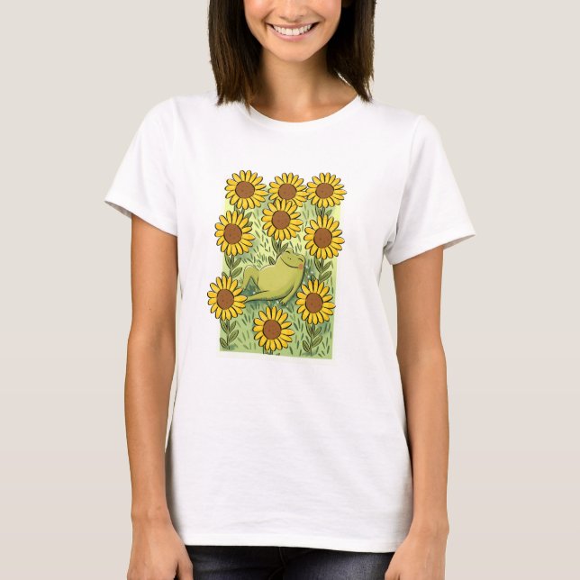 Cute Whimsical Frog And Sunflowers Illustration T Shirt (Framsida)