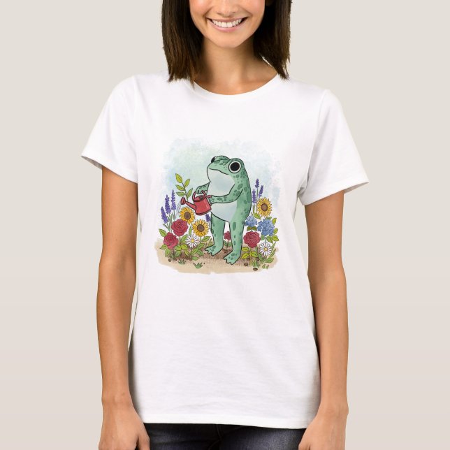 Cute Whimsical Frog In Flower Garden Illustration T Shirt (Framsida)
