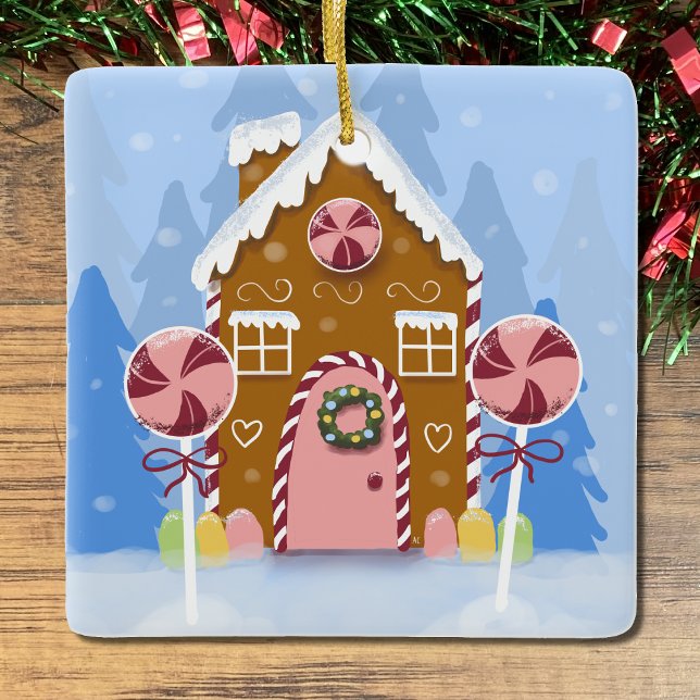 Cute Whimsical Gingertea House Blue Ornament (Cute whimsical gingerbread house Christmas ornament .)