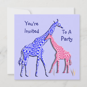 Cute Whimsical Giraffe Rosa Blue Party Inbjudan