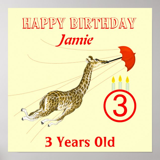 Cute Whimsical Giraffe Umbrella Birthday Poster (Framsidan)