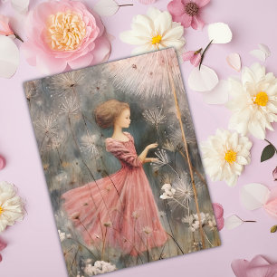 Cute Whimsical Girl i fält av dandelioner Vykort