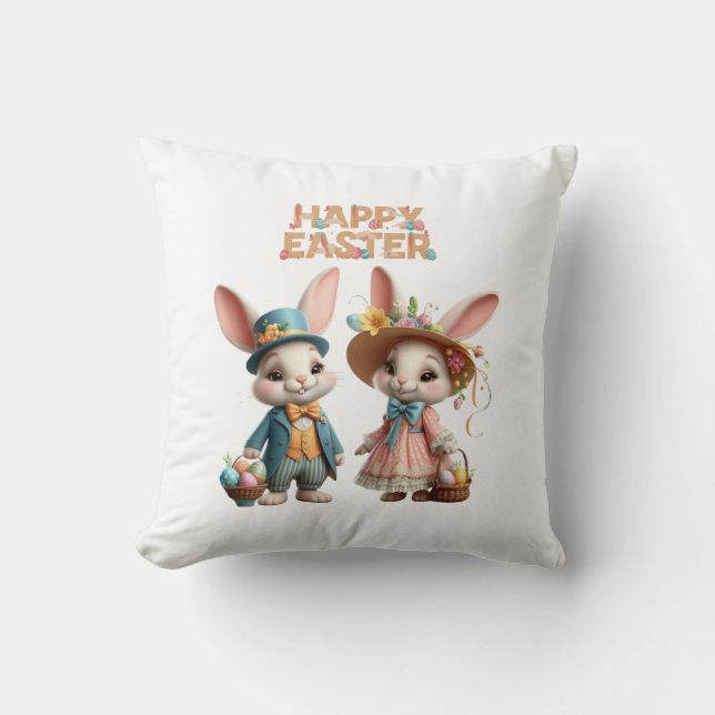 Cute, Whimsical Glad påsk med 2 kaniner Kudde (Framsida)