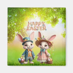 Cute, Whimsical Glad påsk med 2 kaniner Magnet