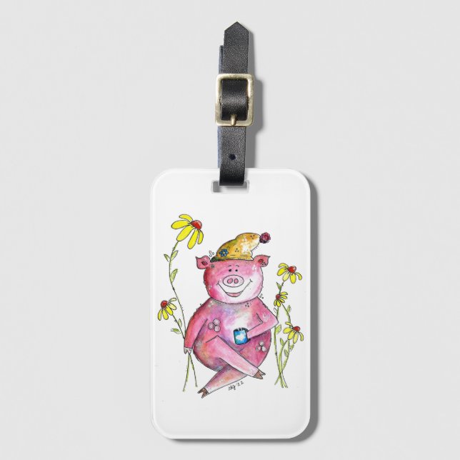 Cute Whimsical Gris Drinking Coffee Bagagebricka (Framsida vertikal)