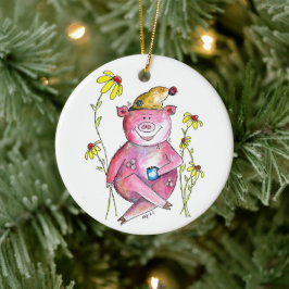 Cute Whimsical Gris Drinking Coffee Julgransprydnad Keramik