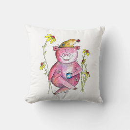 Cute Whimsical Gris Drinking Coffee Kudde
