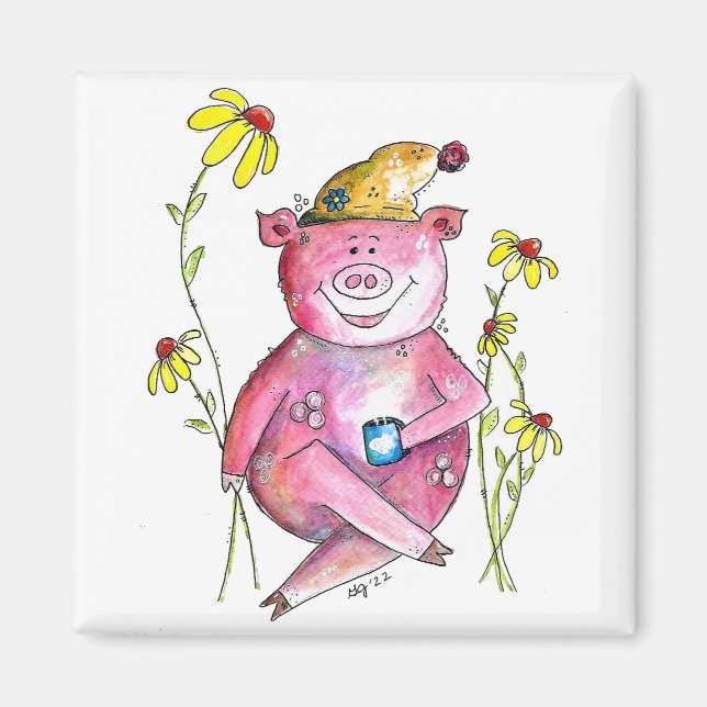 Cute Whimsical Gris Drinking Coffee Magnet (Framsidan)