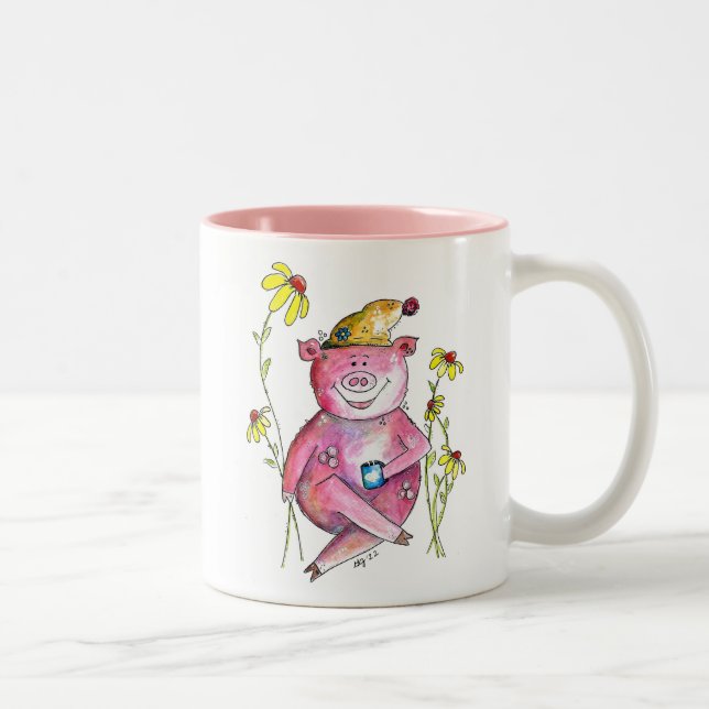 Cute Whimsical Gris Drinking Coffee Två-Tonad Mugg (Höger)