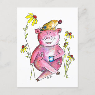 Cute Whimsical Gris Drinking Coffee Vykort