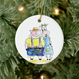 Cute Whimsical Gris och Cow Julgransprydnad Keramik