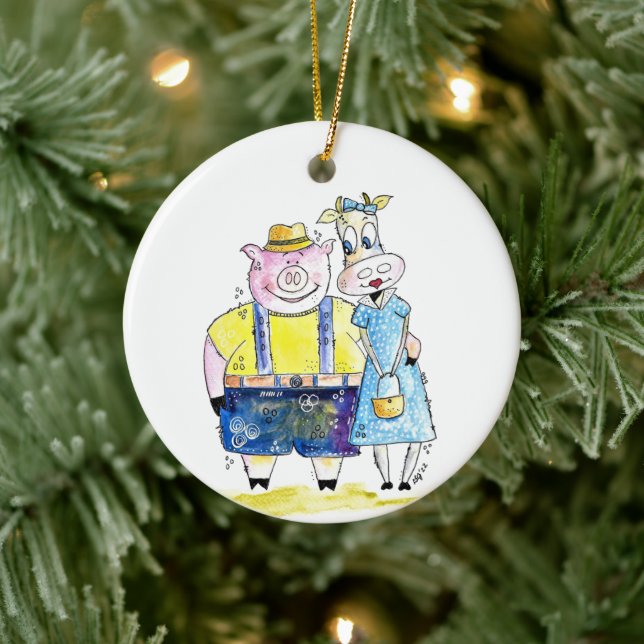 Cute Whimsical Gris och Cow Julgransprydnad Keramik (Träd)